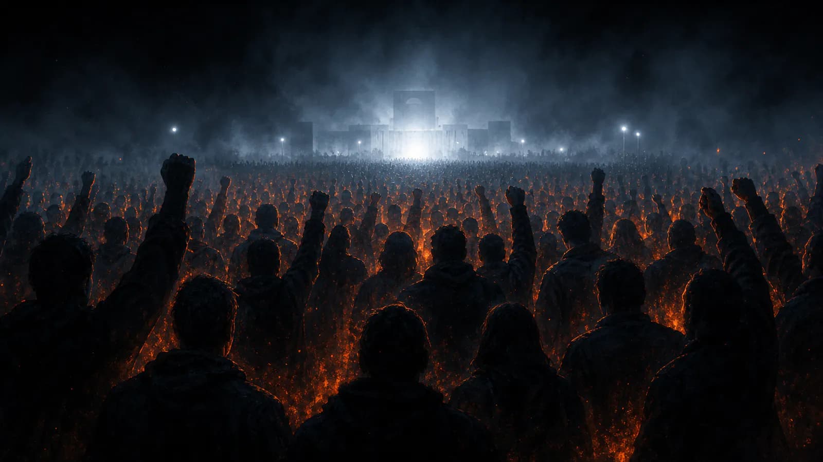 A dense crowd of shadowed figures facing a cold distant light, lit from within by a warm ember glow of unrest.