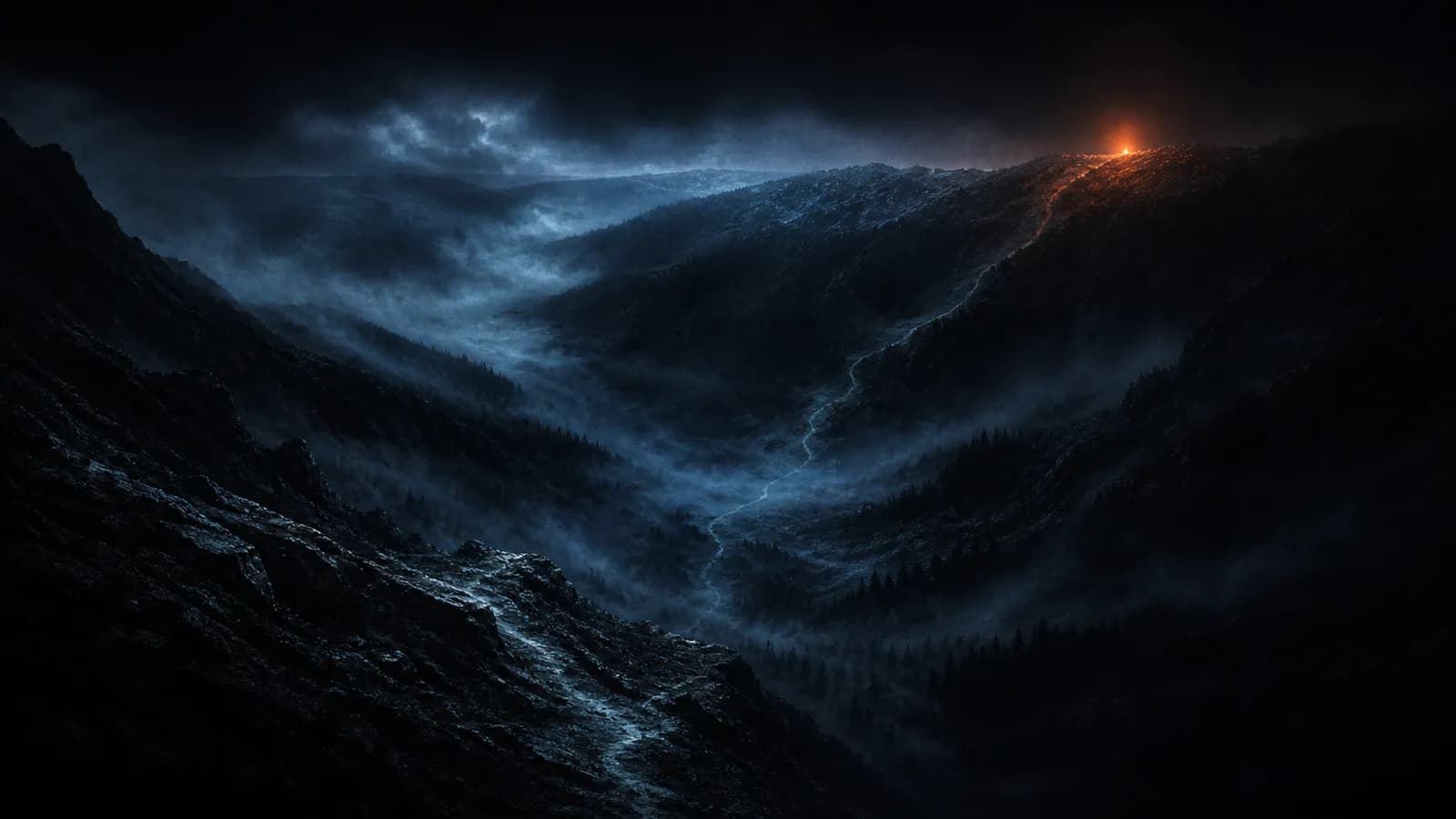 A pale path descending from a high ridge into a deep shadowed valley, a faint warm light on the far side.