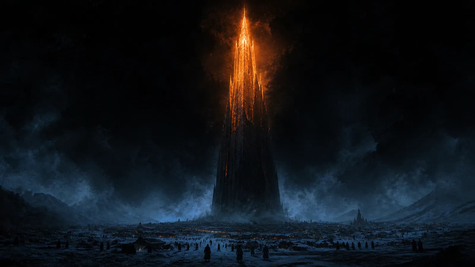 A colossal glowing spire dwarfing a vast field of tiny dark dwellings far below.