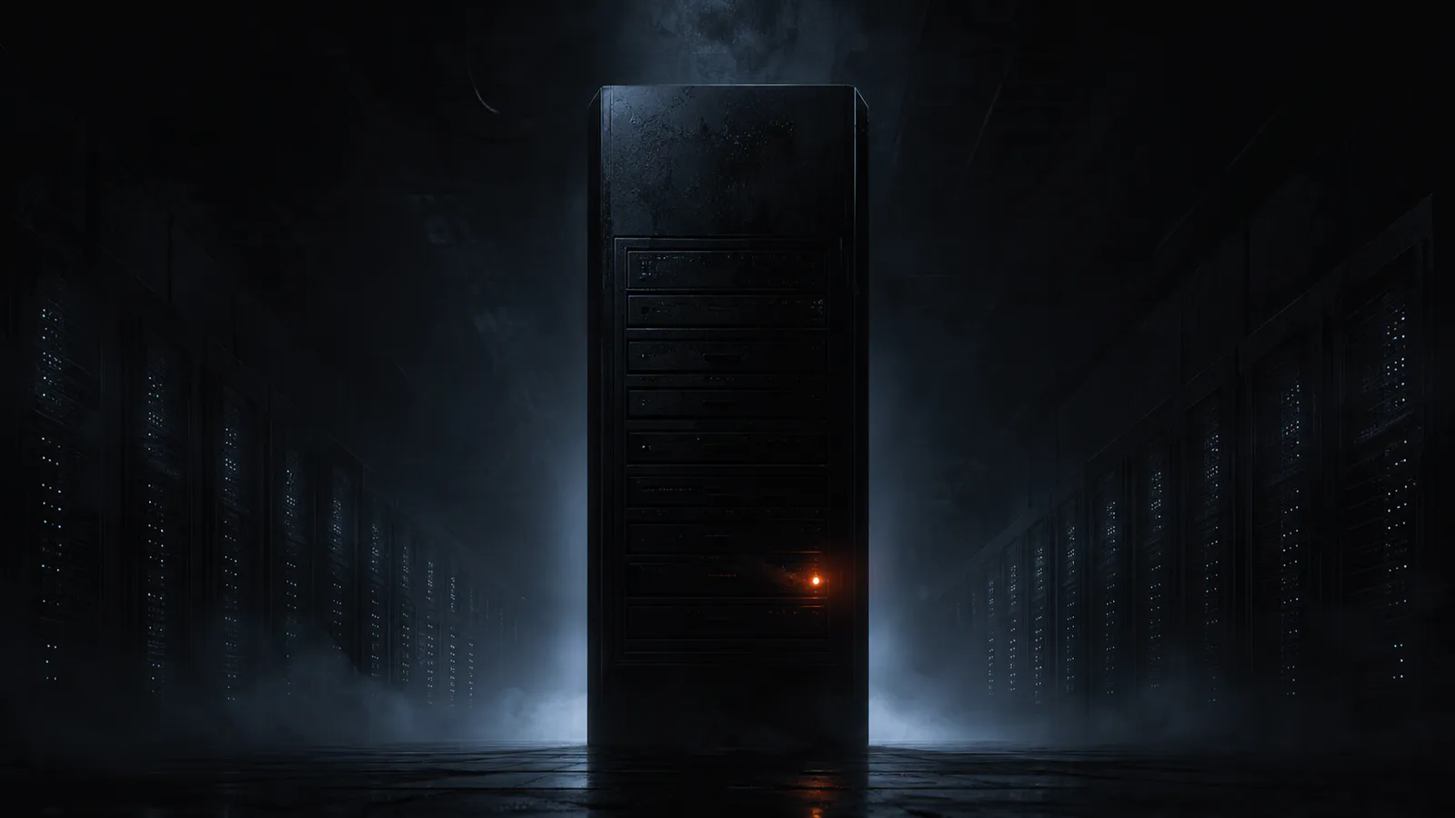 A monolithic server tower going dark in a cold data center, one ember light extinguishing.