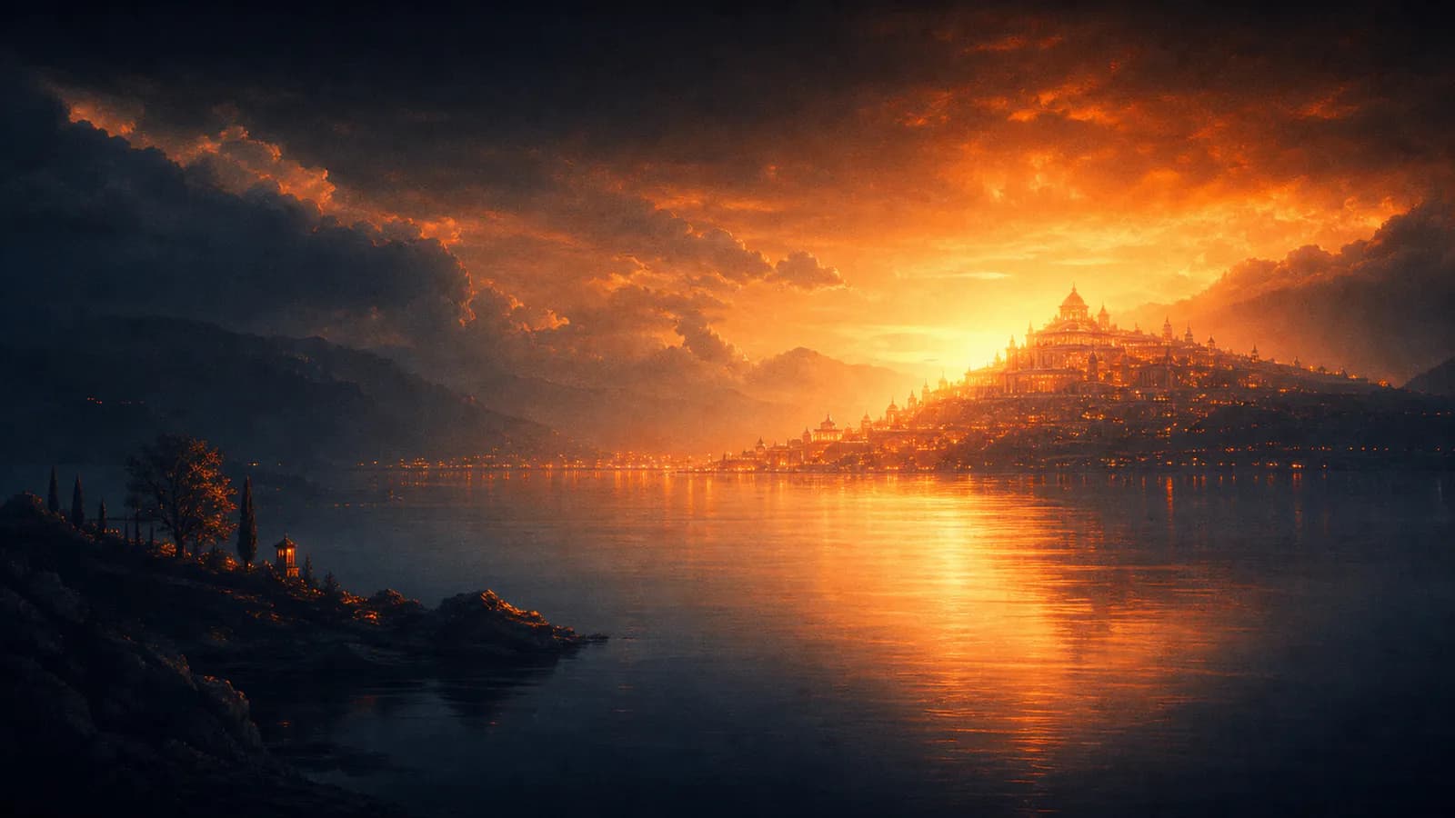 A luminous warm city of light on a far horizon across calm water at golden hour.
